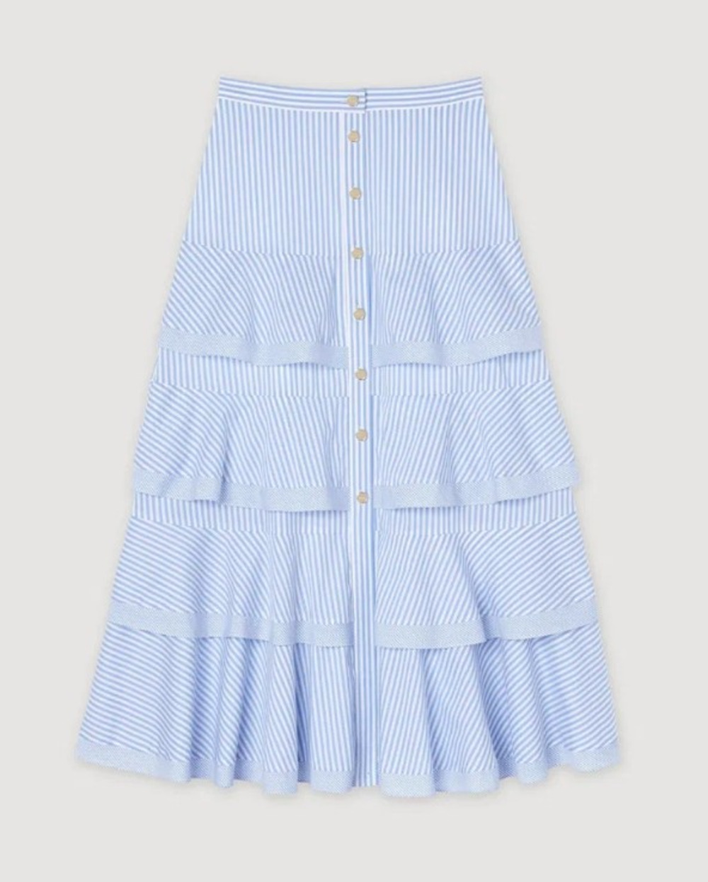 Sandro 38 Blue White Stripe Maxi Skirt Button Front Ruffle Coastal Preppy Resort